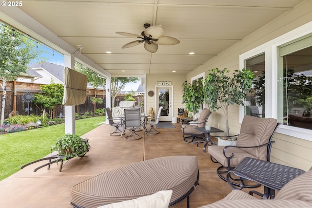 3461 Sterling Woods Dr, Eugene, OR 97408 - fenced backyard featuring outdoor dining space, a ceiling fan, and a patio area