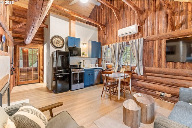 interior space featuring blue cabinetry, high vaulted ceiling, black appliances, log walls, and an AC wall unit