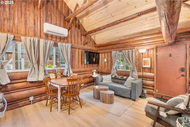 sitting room featuring a wall mounted AC, high vaulted ceiling, wooden ceiling, light wood-type flooring, and beamed ceiling