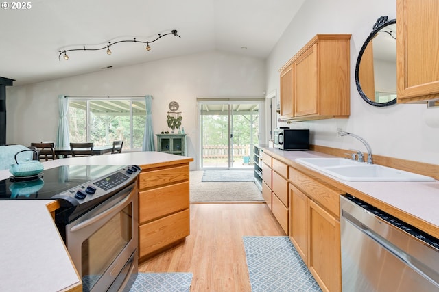 kitchen featuring light countertops, lofted ceiling, a wealth of natural light, appliances with stainless steel finishes, and a sink