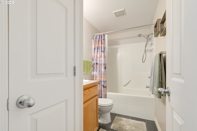 full bath featuring vanity, visible vents, shower / bath combo with shower curtain, tile patterned floors, and toilet