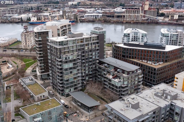 aerial view featuring a water view and a city view