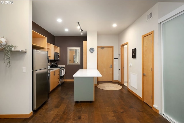 kitchen with visible vents, dark wood finished floors, appliances with stainless steel finishes, light countertops, and open shelves