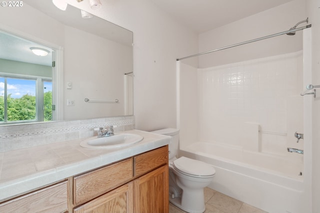 15745 SE Bybee Dr, Portland, OR 97236 - bathroom featuring toilet, vanity, bathing tub / shower combination, and tile patterned floors