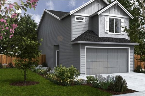 view of side of home with board and batten siding, driveway, fence, an attached garage, and a shingled roof