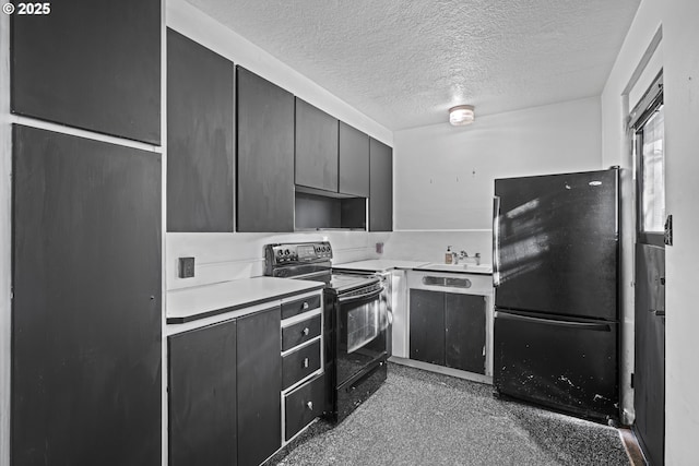 kitchen with sink, black appliances, and a textured ceiling