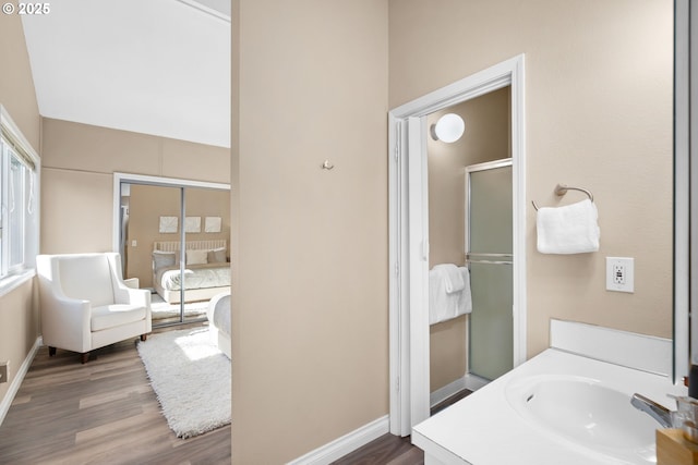 full bathroom featuring a shower stall, wood finished floors, baseboards, and a sink