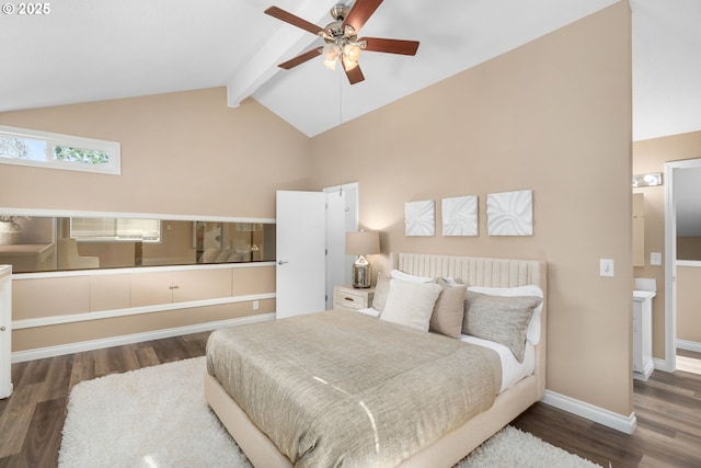 bedroom with vaulted ceiling with beams, a ceiling fan, baseboards, and wood finished floors