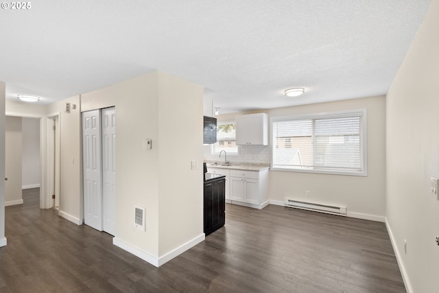 16825 SE Powell Blvd, Portland, OR 97236 - kitchen with a baseboard radiator, a sink, dark wood-type flooring, white cabinets, and decorative backsplash