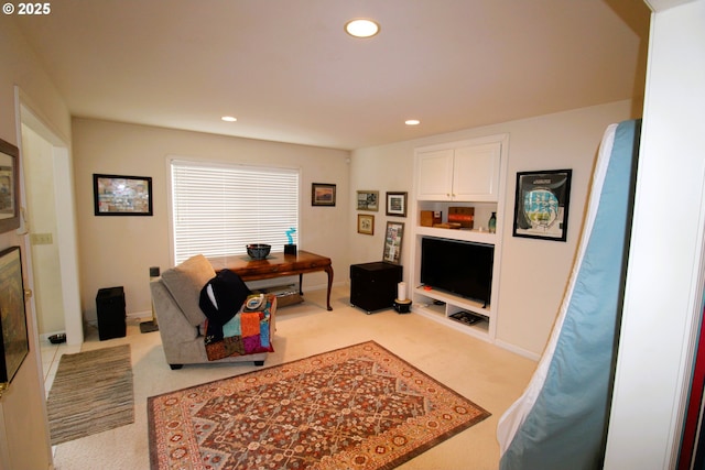 living room with light colored carpet