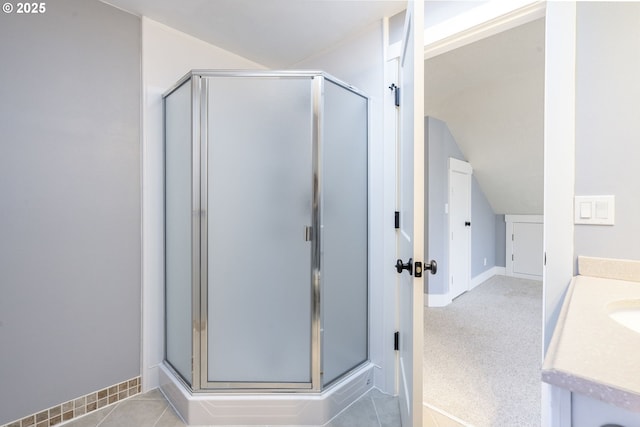 5219 Spring Leaf Ct N, Keizer, OR 97303 - bathroom featuring a shower stall, vaulted ceiling, and vanity