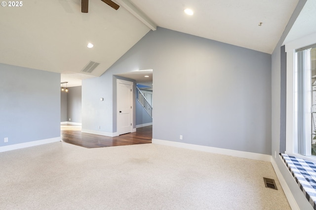 5219 Spring Leaf Ct N, Keizer, OR 97303 - carpeted spare room featuring beamed ceiling, a ceiling fan, recessed lighting, stairway, and high vaulted ceiling