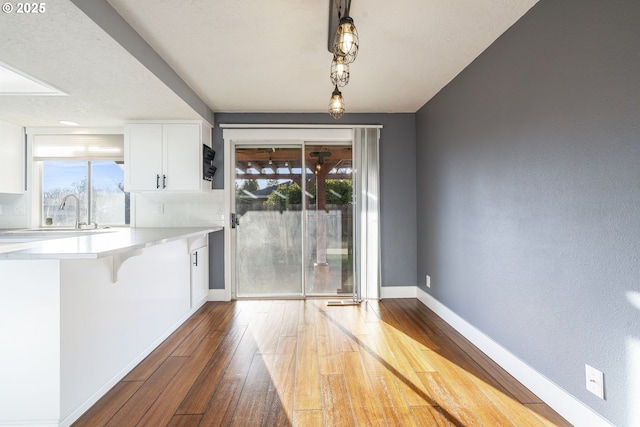 unfurnished dining area featuring a sink, baseboards, and hardwood / wood-style floors