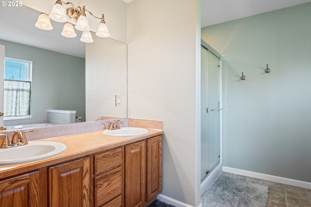 bathroom with vanity and plus walk in shower