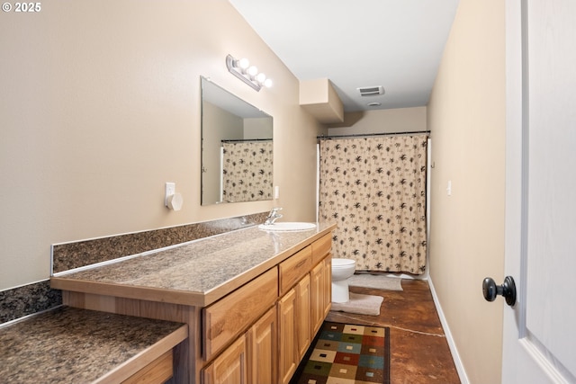 bathroom with toilet, vanity, curtained shower, and concrete flooring