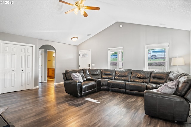 living room with ceiling fan, a textured ceiling, dark hardwood / wood-style flooring, and vaulted ceiling