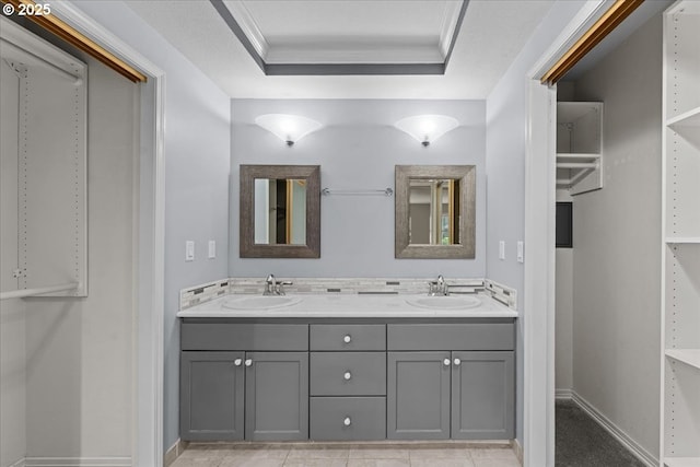 15420 NE Knott St Unit 2, Portland, OR 97230 - full bathroom with a raised ceiling, ornamental molding, double vanity, and baseboards