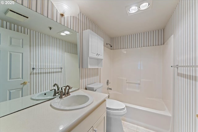 15420 NE Knott St Unit 2, Portland, OR 97230 - bathroom featuring wallpapered walls, toilet, vanity, shower / washtub combination, and tile patterned flooring