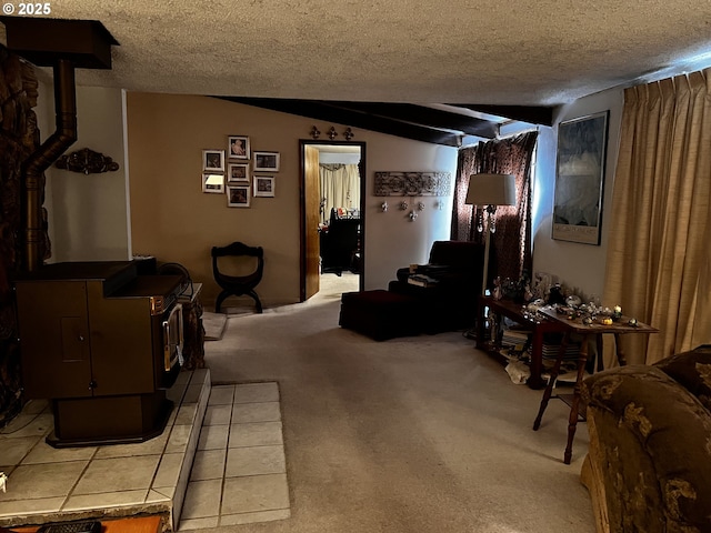 living room featuring lofted ceiling, light carpet, and a textured ceiling