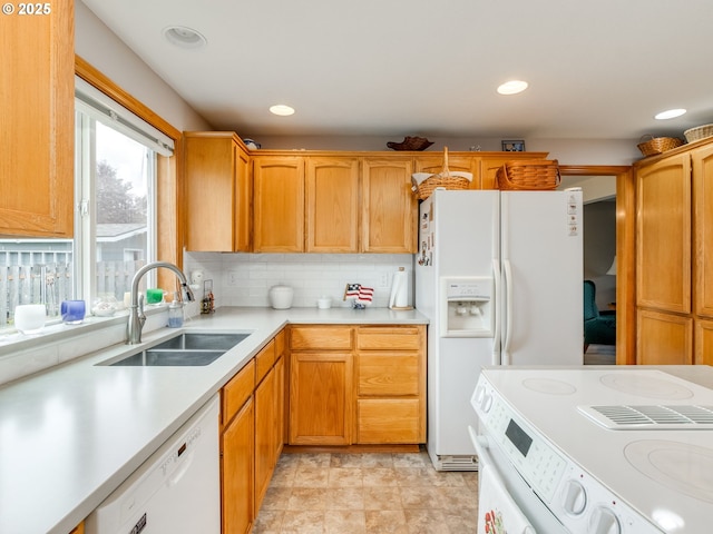 1136 S Pine St, Canby, OR 97013 - kitchen with white appliances, light countertops, tasteful backsplash, and recessed lighting