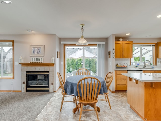 1136 S Pine St, Canby, OR 97013 - dining space with a tile fireplace and recessed lighting