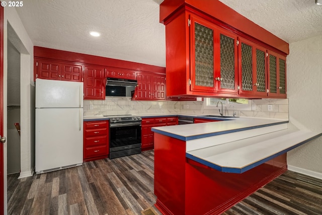 16170 Mcbee Rd, Dallas, OR 97338 - kitchen featuring freestanding refrigerator, stainless steel electric range oven, under cabinet range hood, a sink, and a textured ceiling