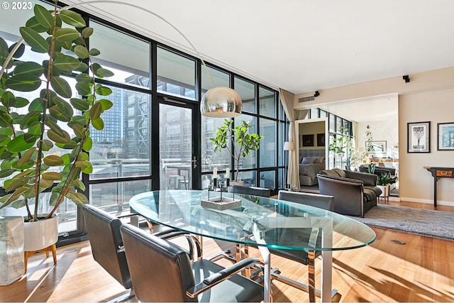 dining room featuring floor to ceiling windows, a wealth of natural light, and light wood-type flooring