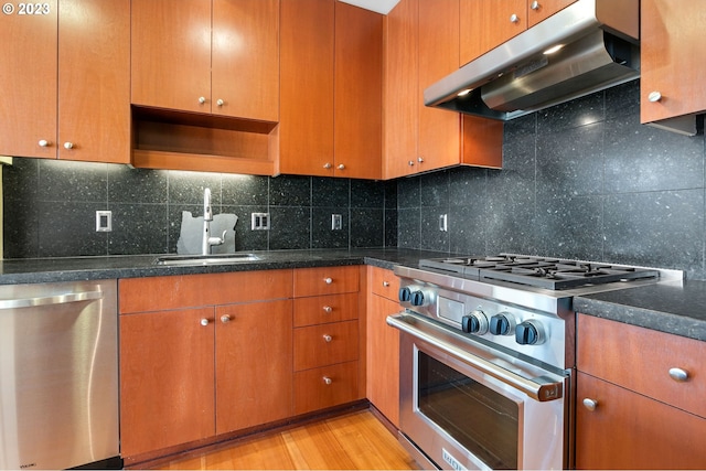 kitchen featuring sink, backsplash, stainless steel appliances, dark stone counters, and light wood-type flooring