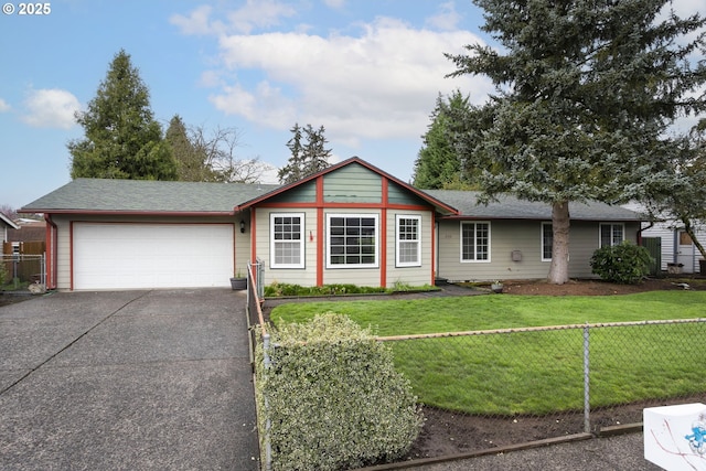 ranch-style house featuring fence, driveway, roof with shingles, a front lawn, and a garage