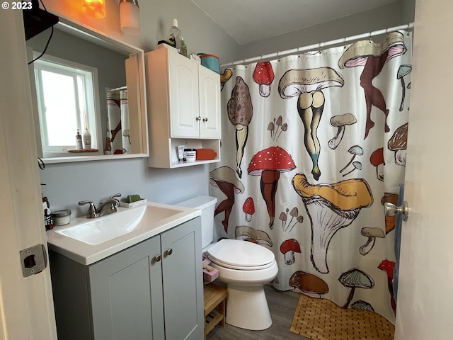 bathroom with vanity, toilet, hardwood / wood-style floors, and curtained shower