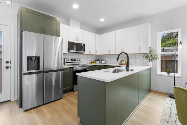 913 NE Sumner St, Portland, OR 97211 - kitchen with stainless steel appliances, green cabinets, a peninsula, light wood-style flooring, and backsplash