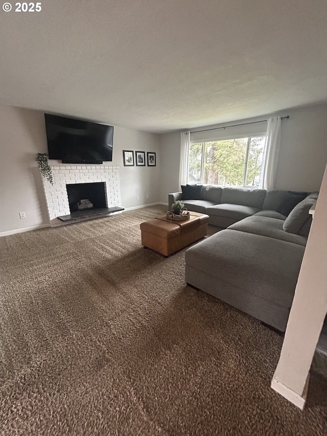 living room featuring a brick fireplace and carpet