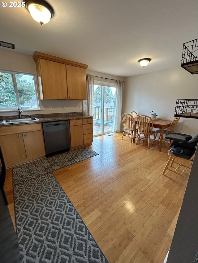 kitchen featuring dishwasher, plenty of natural light, sink, and light hardwood / wood-style flooring