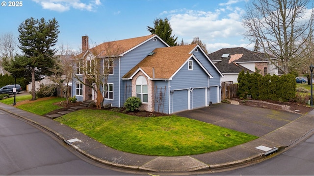 view of front of house with fence, a front yard, a chimney, driveway, and an attached garage