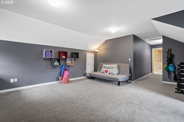 interior space featuring baseboards, a textured ceiling, and lofted ceiling