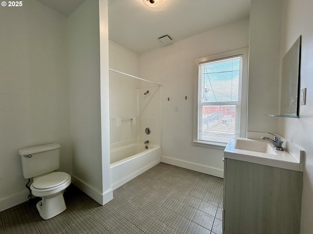 full bathroom featuring washtub / shower combination, baseboards, toilet, and tile patterned floors