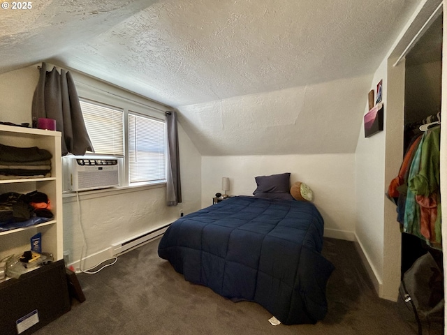 bedroom featuring carpet floors, lofted ceiling, a baseboard radiator, a textured ceiling, and cooling unit