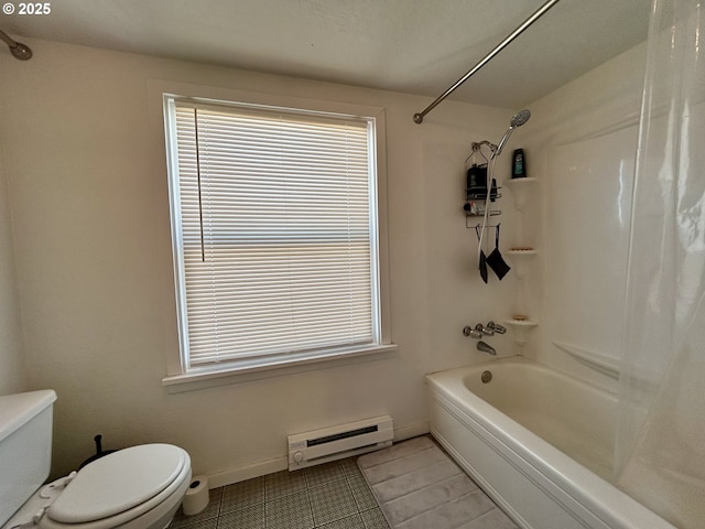 bathroom with toilet, a healthy amount of sunlight, a baseboard radiator, and tile patterned floors