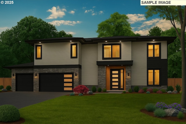 23157 SW Curry Ridge Dr, Sherwood, OR 97140 - modern home with stone siding, a garage, and driveway