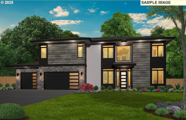 23157 SW Curry Ridge Dr, Sherwood, OR 97140 - modern home with an attached garage, stone siding, and driveway