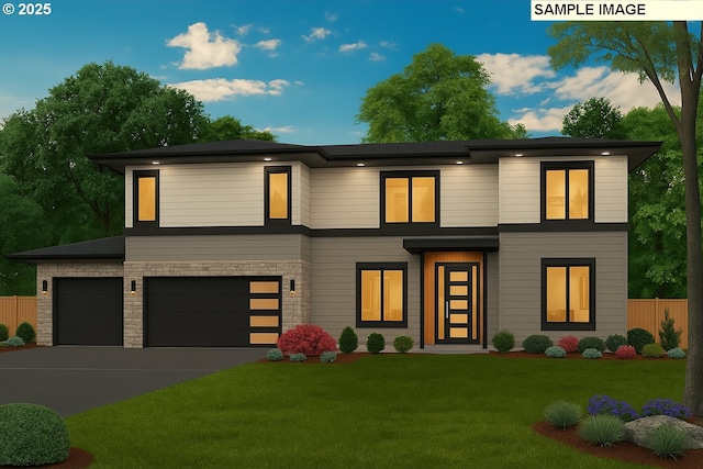 23157 SW Curry Ridge Dr, Sherwood, OR 97140 - modern home featuring an attached garage, concrete driveway, and stone siding