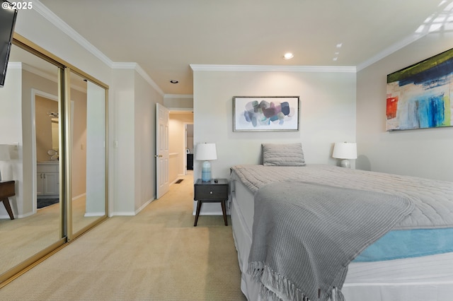 639 1st St, Lake Oswego, OR 97034 - bedroom featuring light colored carpet, ornamental molding, recessed lighting, and baseboards