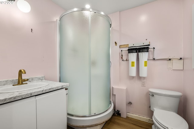 1067 Oak St, Silverton, OR 97381 - bathroom with a shower stall, wood finished floors, vanity, and toilet