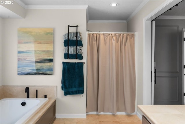 1498 Cathlamet Ct, Salem, OR 97304 - full bath with a garden tub, baseboards, crown molding, tile patterned flooring, and recessed lighting