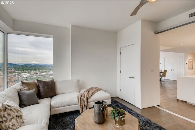 living area with wood finished floors and a ceiling fan