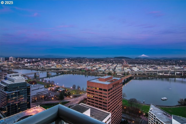 water view featuring nearby urban area and a notable bridge