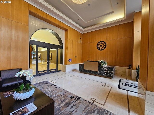 community lobby featuring wood walls