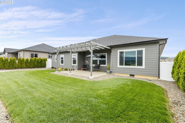 847 Pebble Crk St, Sutherlin, OR 97479 - rear view of house with a pergola, a patio, and roof with shingles