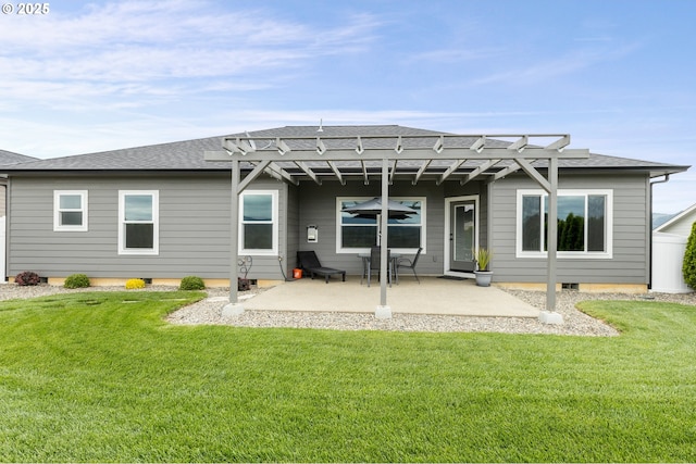 847 Pebble Crk St, Sutherlin, OR 97479 - back of property featuring a pergola, a patio area, a lawn, and a shingled roof