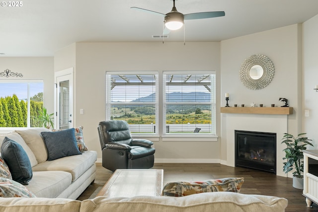847 Pebble Crk St, Sutherlin, OR 97479 - living room featuring wood finished floors, a ceiling fan, a glass covered fireplace, and baseboards